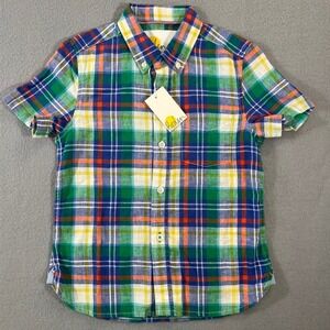 NWT Boden Boys Multi-Color Plaid Linen Blend Short Sleeve Button Down Shirt 5-6Y